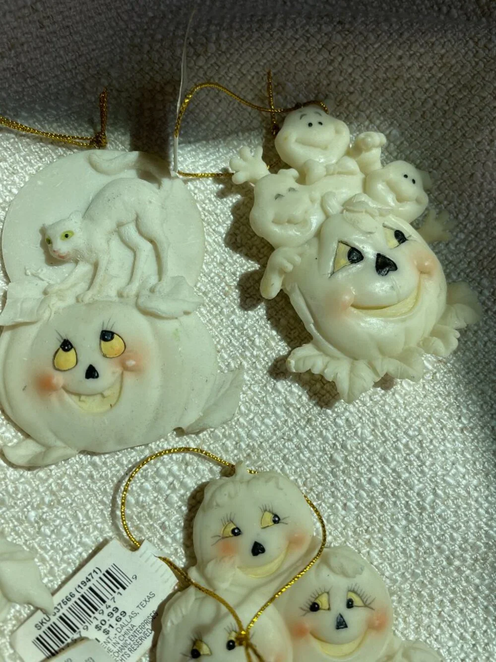 (5) Vintage Halloween Witch Cat Ghost Pumpkin Resin Ornaments NWT Lot